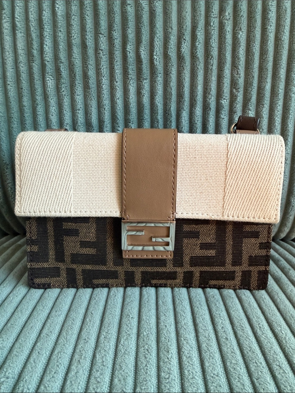 Fendi Brown Logo Canvas Clutch with Cream Flap and Tan Strap